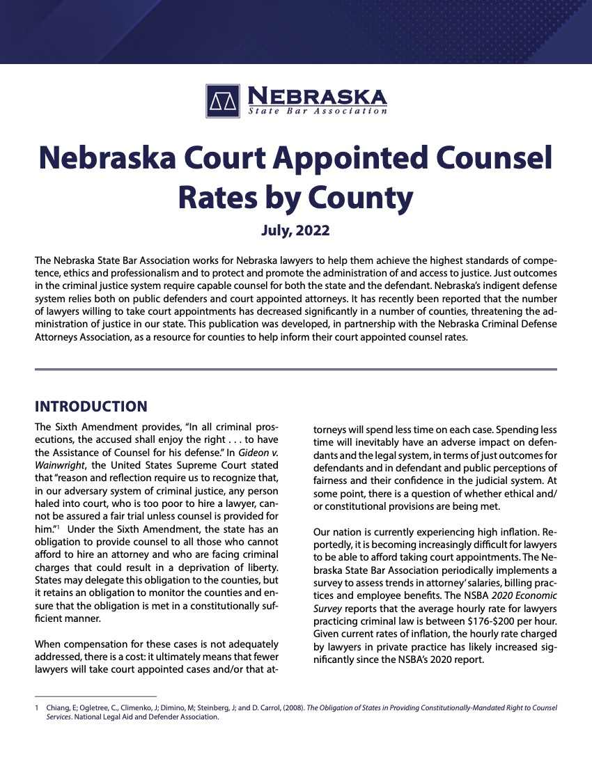 Nebraska Court Appointed Counsel Rates by County (2022)